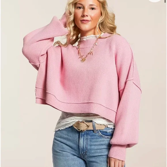 Free People Pink Easy Street Cropped Sweater Size XL - Picture 1 of 5